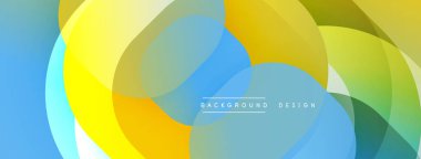Soyut renkli tasarım, üst üste binen daireler. Sarı, mavi, yeşil renkler dinamik görsel efekt yaratır. Modern arkaplan dokusu.