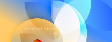 Soyut arkaplan özellikleri üst üste binen daireler, gradyanlar. Renkler arasında mavi, sarı, turuncu var. Dijital projeler için modern tasarım ögesi.