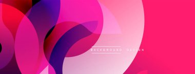 Soyut renkli örtüşen şekiller dinamik arkaplan oluşturur. Pembe, mor renkler kompozisyona hakim, modern estetik sunuyor..
