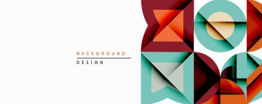 Soyut geometrik tasarım üst üste binen katmanlar, canlı renkler içerir. Kareler, üçgenler dinamik bileşim yaratır. Arka planlar ve sunumlar için modern estetik.
