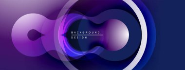 Soyut sıvı şekiller, mor renkler, modern tasarım. Üst üste binen daireler dinamik bileşim oluşturur, pürüzsüz eğimler mevcut.