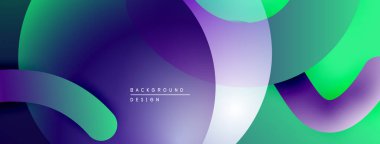 Soyut sıvı şekilleri örtüşür, canlı gradyanlar yaratır. Mor, yeşil, beyaz renkler tasarımda baskın. Modern, dinamik kompozisyon.
