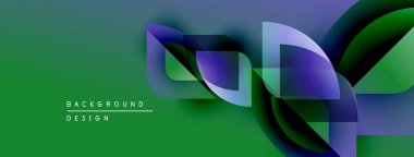 Soyut tasarım katmanlı şekiller, canlı renkler içerir. Yeşil zemin mor ve mavi renkleri tamamlıyor. Modern, dinamik kompozisyon.