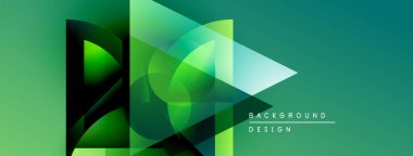 Soyut geometrik şekiller örtüşür, canlı yeşil gradyan arkaplan oluşturur. Modern tasarım elementleri yenilik ve teknoloji öneriyor.