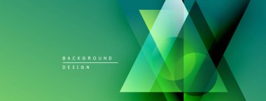 Soyut geometrik şekiller örtüşür, canlı yeşil gradyan arkaplan oluşturur. Modern tasarım elementleri yenilik ve teknoloji öneriyor.