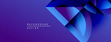 Soyut geometrik şekiller örtüşür, canlı mavi gradyan etki yaratır. Arkaplanda metin arkaplan tasarımı var. Modern, gösterişli görsel sunum.