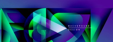 Soyut geometrik şekiller canlı mavileri, yeşillikleri, morları harmanlarlar. Modern tasarım gradyan, üst üste binen katmanlar, dinamik bileşim içerir.