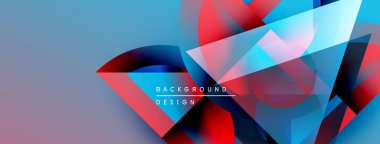 Soyut geometrik şekiller örtüşüyor, canlı mavi, kırmızı, mor renkler yaratıyor. Modern tasarım elementleri dinamik hareket, doku önerir.