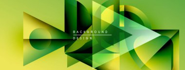Soyut geometrik şekiller örtüşüyor, canlı yeşil gradyanlar yaratıyor. Modern tasarım katmanlı üçgenler, daireler, dikdörtgenler içerir. Mevcut en küçük metin.