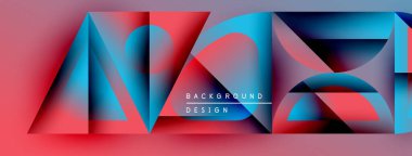 Soyut geometrik şekiller, canlı renkler, kırmızı, mavi gradyanlar. Modern tasarım elementleri dinamik görsel etki yaratır. Arkaplan dokusu görünür.