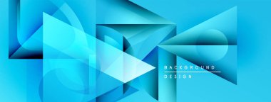 Soyut mavi tasarım katmanlı geometrik şekiller içerir. Gradyan gölgeler derinlik yaratır, modern estetik. Minimalist stil, temiz hatlar.