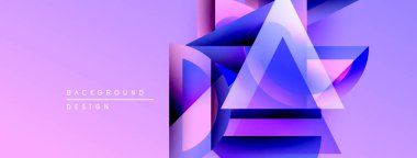 Soyut geometrik şekiller örtüşür, canlı mor gradyan arkaplan oluşturur. Modern tasarım elementleri yenilik ve teknoloji öneriyor.