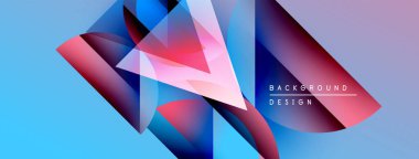 Soyut geometrik şekiller örtüşüyor, canlı renk eğimleri yaratıyor. Mavi, kırmızı, mor renkler tasarımda baskın. Modern estetik.
