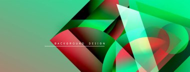 Soyut geometrik şekiller örtüşüyor, canlı renk eğimleri yaratıyor. Tasarımda yeşil, kırmızı, siyah renkler ve pürüzsüz geçişler yer alıyor. Modern estetik.