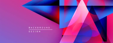 Soyut geometrik şekiller örtüşür, canlı pembeler, maviler, morlar yaratır. Modern tasarım elementleri dijital sanatı, gradyanı, dinamik bileşimi önerir.