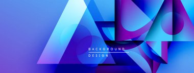 Soyut geometrik şekiller çakışıyor. Mavi, mor renkler dizaynın hakimi. Modern estetik, canlı renkler dinamik görsel etki yaratır.