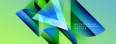 Soyut geometrik şekiller canlı yeşillikleri, mavileri harmanlıyor. Modern tasarım dinamik görsel deneyim yaratır. Arkaplan yenilik ve teknoloji öneriyor.