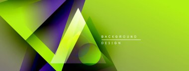 Soyut geometrik şekiller örtüşüyor, canlı yeşil, mor renkler yaratıyor. Arkaplan ve sunumlar için modern tasarım ögesi.