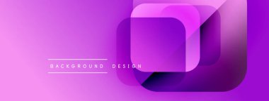 Soyut mor tasarım üst üste binen kareler içeriyor. Gradyan gölgeler derinlik yaratır, modern estetik. Metin arkaplan tasarımı okur.