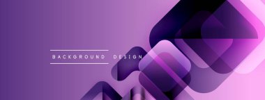 Soyut mor tasarım, üst üste binen kareler, daireler. Gradyan gölgeler derinlik yaratır, modern estetik. Metin arkaplan tasarımı okur.