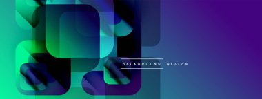 Soyut geometrik şekiller örtüşür, parlak mavi, yeşil eğimler yaratır. Modern tasarım elementleri teknoloji ve yenilik öneriyor. Minimalist estetik.