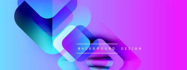 Soyut geometrik şekiller örtüşüyor, canlı mor ve mavi renkler yaratıyor. Metin arka plan tasarımı okur. Modern, dinamik görsel kompozisyon.