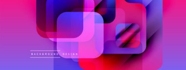 Soyut geometrik bileşim. Üst üste binen kareler canlı renk eğimleri, modern tasarım elementleri yaratır. Mor, mavi, kırmızı renkler egemen.