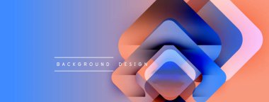 Soyut geometrik şekiller örtüşür, parlak mavi ve turuncu renkler yaratır. Modern tasarım elementleri teknoloji ve yenilik öneriyor.