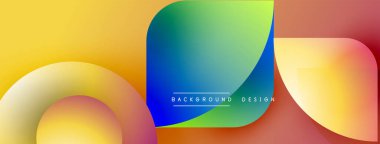 Soyut renkli şekiller çakışıyor. Gradyan renkler harmanlanarak, dinamik görsel efekt yaratır. Metin arkaplan tasarımı okur.