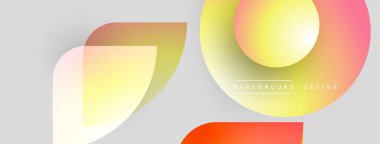 Soyut şekiller örtüşüyor, canlı gradyanlar yaratıyor. Yumuşak renkler açık gri arka planla harmanlanır. Modern tasarım ögesi.