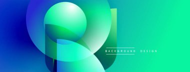 Soyut gradyan şekiller çakışıyor. Mavi, yeşil renkler tasarıma hakim. Modern estetik, temiz çizgiler görsel ilgi sunar.