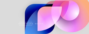Soyut renkli örtüşen şekiller modern arkaplan oluşturur. Gradyan renkler harmanlanır ve dinamik görsel kompozisyon oluşturur. Basit tasarım ögeleri.