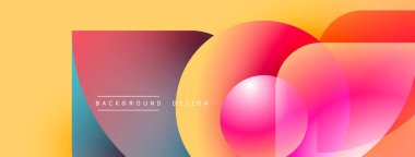 Soyut canlı tasarım, üst üste binen daireler, gradyanlar. Sarı arkaplan, pembe, turuncu, mavi renkleri tamamlar. Modern estetik.