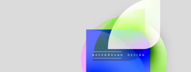 Soyut renkli şekiller üst üste binerek modern arkaplan tasarımı oluşturur. Işık eğimleri daha koyu mavi kare elementle harmanlanır. Minimalist estetik.