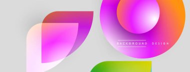 Soyut şekiller örtüşüyor, canlı gradyanlar yaratıyor. Modern tasarım, gri zeminde mor, turuncu ve yeşil renkler kullanır. Minimalist estetik.