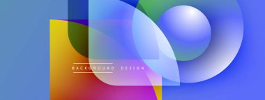 Soyut tasarım özellikleri üst üste binen renkli daireler, dikdörtgenler. Gradyan maviler arka planda baskın, canlı renkler dinamik kompozisyon yaratır. Metin arkaplan tasarımı okur.