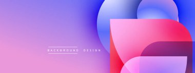 Soyut arkaplanda canlı pembeler, maviler, morlar var. Üst üste binen geometrik şekiller modern görsel efektler yaratır. Düzen eğimleri kompozisyona hakim.