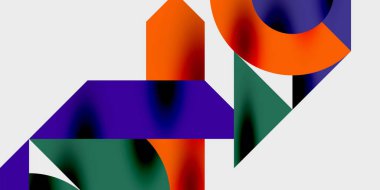 Soyut geometrik şekiller örtüşüyor, canlı renk eğimleri yaratıyor. Kompozisyonda turuncu, mor, deniz mavisi ve siyah beyaz arkaplan bulunur..