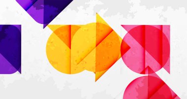 Soyut geometrik şekiller, canlı renkler, dokulu arka plan. Kompozisyon dinamik görsel etkileşim olduğunu gösteriyor. Modern tasarım elemanları.