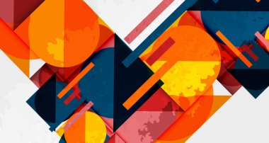 Soyut geometrik bileşim. Üst üste binen şekiller, canlı renkler, dinamik tasarım. Modern sanat tarzı, cesur dokular, görsel ilgi.