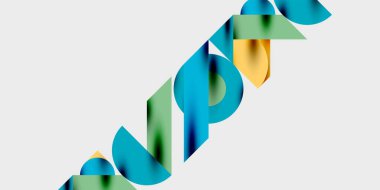 Soyut grafik tasarımı katmanlı, renkli şekiller köşegen bileşimi oluşturur. Mavi, yeşil, sarı renkler minimalist arkaplana hakim..