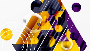 Soyut geometrik bileşim. Şekiller örtüşüyor, dinamik görsel ilgi yaratıyor. Sarılar, morlar dizaynın hakimi. Modern estetik.