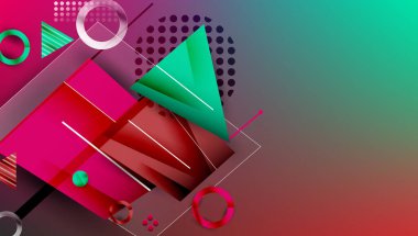 Soyut geometrik bileşim. Canlı renkler karışıyor, dinamik görsel deneyim yaratıyor. Şekiller örtüşüyor, karmaşık desenler oluşturuyor. Modern tasarım.