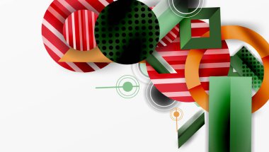 Soyut geometrik bileşim. Kırmızı, yeşil, turuncu şekiller kesişiyor. Daireler, dikdörtgenler dinamik görsel efektler yaratır. Minimalist tasarım.