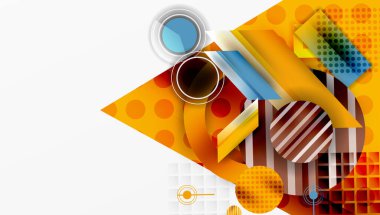 Soyut geometrik bileşim. Turuncu, kırmızı, mavi şekiller kesişiyor. Modern tasarım yarım tonlu desenler, daireler, kareler. Parlak, dinamik görsel.