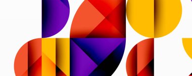 Soyut geometrik bileşim. Çemberler, üçgenler örtüşüyor ve canlı renk eğimleri yaratıyorlar. Modern tasarım, minimalist estetik.