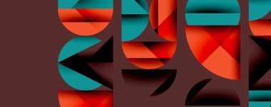 Soyut geometrik şekiller, canlı deniz mavisi, kırmızı renkler kompozisyona hakim. Modern tasarım, katmanlı formlar dinamik görsel ilgi yaratır.