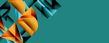 Soyut geometrik şekiller, deniz mavisi turuncu renkler. Modern tasarım, keskin açılar, minimalist estetik. Temiz kompozisyon, dijital illüstrasyon.