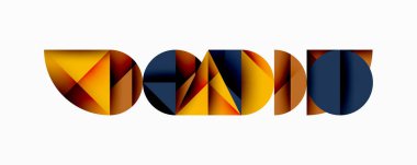 Renkli çokgen şekiller içeren soyut geometrik tasarım metin oluşturur. Sıcak tonlarda baskın, mavi aksanlı. Minimalist stil.