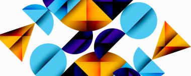 Soyut geometrik şekiller örtüşür, canlı renk zıtlıkları yaratır. Çemberler, üçgenler, kareler dinamik bileşim oluşturur. Modern tasarım.